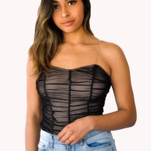 Black and tan mesh straples bodysuit